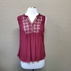 Miss Daisy Boho Sleeveless Top Burgundy  Embroider
